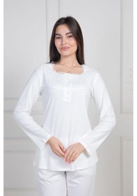 Resim Mecit Pijama Mecit 6104 Bayan Ekru Büyük Beden Uzun Kollu Pijama Takımı Ekru 