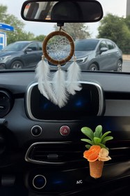 Resim Elioure TR Araç İçi Dikiz Aynası Süsü Ve Koku Seti | Hasır Jüt Düş Kapanı+Mini Dekoratif Saksı Koku Difüzör 