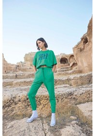Resim Monamise Kadın Kısa Kollu "stay Strong" Crop Eşofman Takımı 23086 Yeşil 