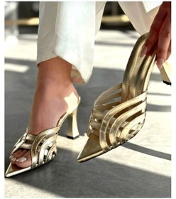 Resim Kırışık Rugan Kafesli Topuklu Terlik Altın 