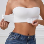 Resim Kadınların beyaz, rahat ve günlük off-shoulder, backless, ön düğmeli, askısız bir göğüs desteği. 