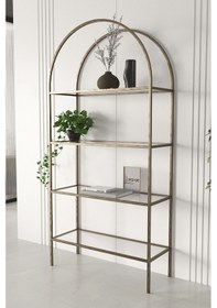 Resim Dekoport 4 Raflı Camlı Kitaplık Prinç Eskitme Rengi Ayak Temperli Şeffaf Cam Eskitme 