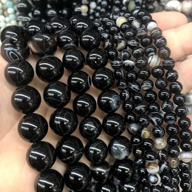 Resim Doğal Siyah Çizgili Oniks Akik Taş Boncuklar - Beyaz & Kahverengi Mermer Desenli Cilalı Yuvarlak Değerli Taş Boncuklar, 4/6/8/10mm Boyutlarında DIY Takı Yapımı için, Bileklikler, Kolyeler (15" İplik), Takı Yapımı İçin Boncuklar, Boncuk Tasarımı 