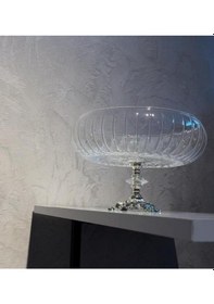 Resim Elta Collection Lotus Kristal 24 Cm Kesme Dekor Metal Ayaklı Salata Kasesi Cam Sunumluk- Servis Tabağı gümüş 