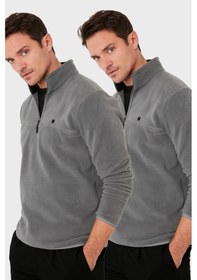 Resim Buratti Slim Fit Anti-Pilling Tüylenme Yapmayan Bato Yaka Şardonlu 2'Li Paket Erkek Polar 5906001S2 Gri-Gri 