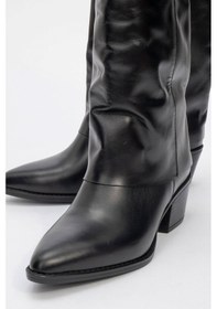 Resim Luvi Shoes Sojo Siyah Cilt Hakiki Deri Kalın Topuklu Kısa Çizme Siyah Mat 