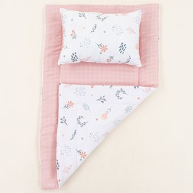 Resim Alt Açma Matı ve Yastık - Çift Taraflı - Pudra Muslin - Yeşil Çiçekler 