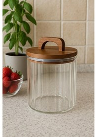 Resim Borosilikat Cam Optik Çizgili Akasya Kapaklı Kavanoz Zahire 1750 Ml Şeffaf 