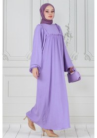 Resim Sevitli Fırfırlı Robalı Bürümcük Elbise-lila-3536-lila Lila 