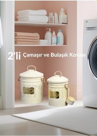 Resim 2'li Set Deterjan Kovası Çamaşır Bulaşık Kutusu Ölçekli Galvaniz Metal Krem Krem 