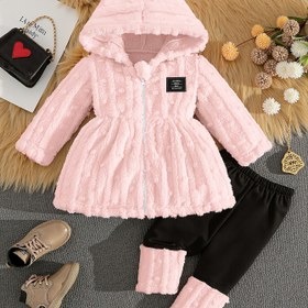 Resim Kızlar için Sonbahar Peluş Kapüşonlu Uzun Kollu Üst ve Renk Bloğu Yama Pantolon Takımı, Dış Mekan İçin 