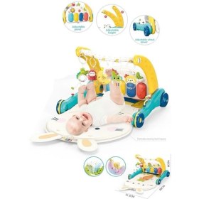 Resim Vardem Piyanolu 2 In 1 Bebek Yürüteci ve Tavşan Desenli Mavi Oyun Halısı 