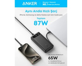 Resim Anker Powerbank (20.000 mAh, 87W, Dahili USB-C Kablo) - Siyah - Macbook, iPhone 16/15 Serisi, Samsung, Switch Uyumlu - A1383 (Anker Türkiye Garantili) 