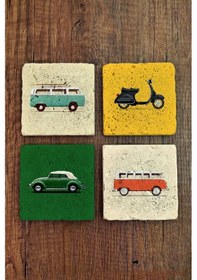 Resim Doğal Taş Bardak Altlığı 4'lü Set 10x10x1 Cm Araba Ve Motor Baskılı-stone Coasters Çok Renkli 