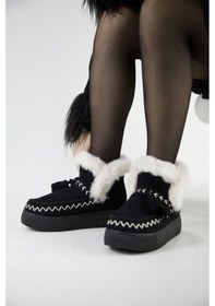 Resim 219851142-1p Kadın Yumuşak Rahat Kürklü Bot - Tekstil Süet Kışlık Siyah Bot Siyah 