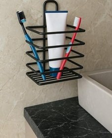 Resim Paslanmaz Çelik Mat Siyah Yapışkanlı Diş Fırçalık - Duvar Tipi, Çok Amaçlı Organizer Siyah 