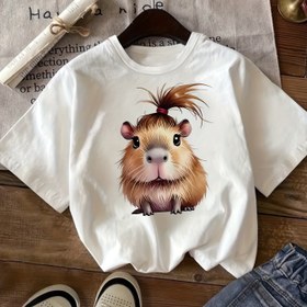 Resim SCKMEU Sevimli Kapibara Baskılı Kız Çocuk T-Shirt - Yumuşak Esnek Örgü Kumaş, Yuvarlak Yaka Rahat Üst Gençler ve Gençler İçin, Bahar Yaz Sonbahar Eğlenceli Hayvan Tasarımı, Sevimli T-Shirt'ler 