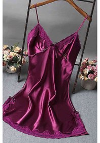 Resim Merry See Dantelli Kısa Saten Gecelik Mor 001 