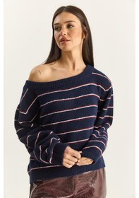 Resim Shade Kadın Bardot Yaka Çizgili Oversize Triko Kazak 2570 60283876 - Lacivert-bordo Çok renkli 