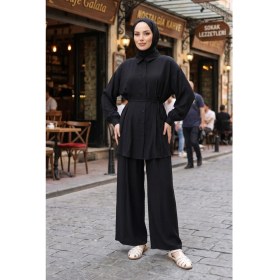 Resim Modestim Kadın Siyah Tesettür Ikili Takım Kuşaklı Salaş Tunik Pantolon Takım Oversize Yazlık Tesettür Kombin 