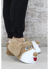 Resim Fort Sevimli Köpek Figürlü Peluş Panduf Hayvanlı Yumuşak Kadın Panduf Kahve Kahverengi 