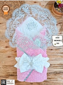 Resim Kışlık Bebek Dış Kundak Battaniyesi Dantelli Pembe Bebek Kundağı Unisex Hastane Çıkışı Mevlütlük Pembe 