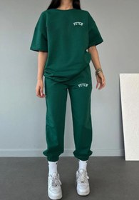 Resim DUBU BUTİK Fetch T-shirt Eşofman Altı Jogger- Yeşil Baskılı Alt Üst Eşofman Takımı Oversize Bisiklet Yaka 