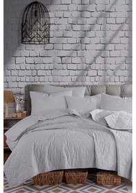 Resim Kapitone Yatak Örtüsü Seti Çift Kişilik Solid Gri Gri 