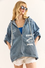 Resim Olalook Kadın Açık Mavi Cepli Kapüşonlu Garnili Oversize Denim Ceket CKT-19000389 