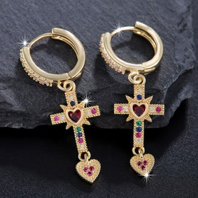 Resim 2 adet Zarif Renkli Sahte Taş Kübik Zirkonya Hug Küpeler, Bakır Nikelsiz Kaplama ile Avrupa Tarzı Aşk Haç Tasarımı, Hediye, Günlük Giyim ve Festiv Dekorasyonlar için Mükemmel. 