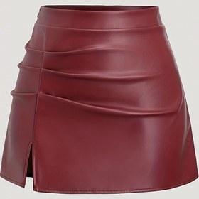 Resim Yüksek Beli Kıvrımlı Mini Etek, Yan Yırtma ile Şık - Siyah PU A-Line Etek Kadınlar için, Bahar/Yaz için Mükemmel, Çok Yönlü Moda Aksesuarı, Yüksek Bel Etek, Yaz Modası, Şık Tarz, Parlak Bitiş 