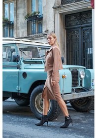 Resim Kadın Likralı Kaşe Kumaş Yakalı Cep Kapaklı Uzun Kol Düğmeli Kısa Blazer Ceket Kaban-camel CAMEL 