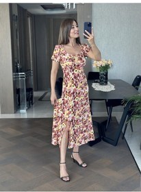 Resim Forlady Sarı Desenli Prenses Kol Yırtmaçlı Bürümcük Kadın Elbise - Sarı 