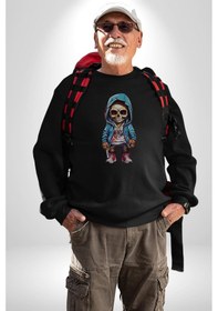 Resim Hiphop Kurukafa Hoodie Unisex Siyah Baskılı Sweatshirt Siyah 