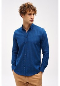 Resim Lacivert Dynamic Fit Düğmeli Yaka Çizgili Uzun Kollu Cepsiz %100 Pamuk Gömlek-16297 Lacivert 