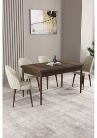 Resim Milas Barok Desen 80x132 Mdf Açılabilir Yemek Masası Takımı 4 Adet Sandalye Krem 