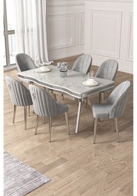 Resim Canisa Pem Serisi 90x160 Lak Panel Beyaz Mermer Desen Krom Ayak Masa Takımı 6 Gri Sandalye Beyaz Mermer Desen Masa Sandalyeler Gri 