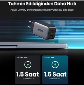 Resim Ugreen 65w Usb Type-c Qc 4.0 Pd 3.0 Ganx 3 Portlu Hızlı Şarj Ciha 