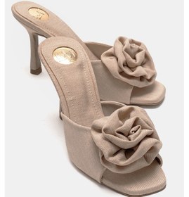 Resim Luvishoes Jempy Bej Keten Çiçekli Kadın Topuklu Terlik Bej 
