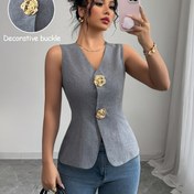 Resim Kadınlar için Şık Yeşil Gül Düğme Detaylı Blazer - Şık V Yaka Kolsuz Blazer, Polyester, Tüm Mevsim Giyim, Yetişkin Beden, Şık Dış Giyim|Şık Veda|Polyester Kumaş 