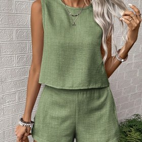 Resim Avrupa ve Amerikan düz renkli kolsuz yelek şortlu rahat moda iki parçalı kadın takımı 