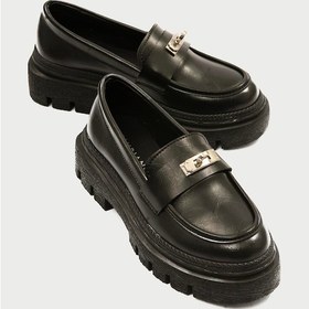 Resim Kadın Deri Loafer Kalın Comfort Tabanlı Metal Tokalı Siyah Vareen Siyah 