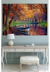 Resim Göl Kayık Sonbahar Orman Tabiat Doğa Kanvas Tablo 90 x 60 