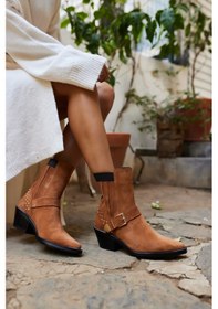 Resim Toya Kadın Bej Gercek Suet Western Bot Taba Suet 