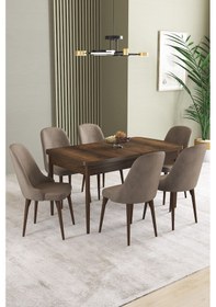 Resim Ikon Barok Desen 80x132 Mdf Açılabilir Yemek Masası Takımı 6 Adet Sandalye Cappucino 