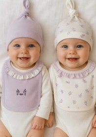 Resim GizaKids %100 Pamuk Bebek Penye Şapka Önlük 4 Parça Set | Kız Erkek Unisex 