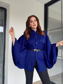 Resim Kemerli düğmeli panço-Saks mavi - STD 