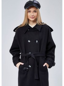 Resim Kuşaklı Oversize Kaşe Kaban Siyah 
