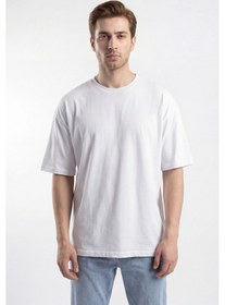 Resim Erkek Basic Tişört %100 Pamuk Oversize Kalıp Günlük Spor T-shirt Beyaz 