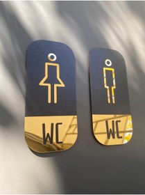 Resim Yönline Wc Tabela Seti Gold Ayna Kadın & Erkek Siyah Mdf Üzerine Pleksi Tasarım Kendinden Yapışkanlı 9x20 Cm 